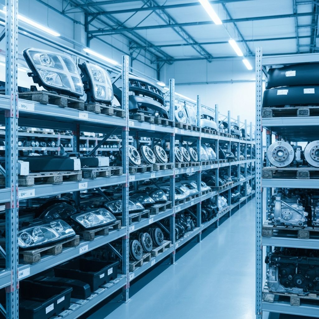 Automotive parts warehouse with organized shelving